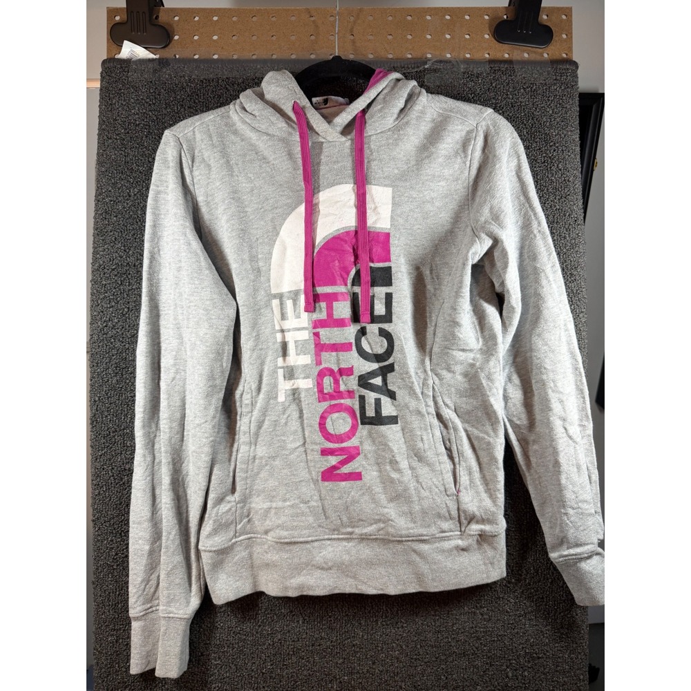 The North Face Hoodie Womens XS Gray Pink Logo Graphic Pullover Sweatshirt